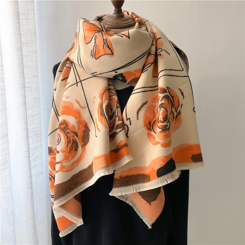 New thickened printed scarf, a women's imitation cashmere flower scarf in autumn and winter