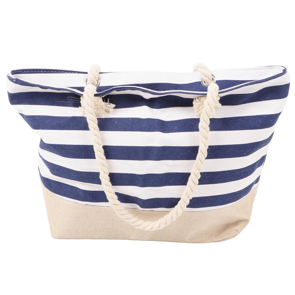 Women Canvas Shoulder Bag Stripes Printing Large Capacity Beach Bag for Shopping Traveling Navy Blue Free Size