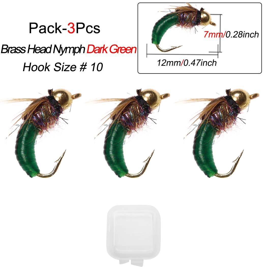

3 шт./кор. латунная бусина с головой ручейника, нимфа, муха, жук, червь, быстро тонущая мокрая мушка для приманки для ловли форели Dark green-3pcs