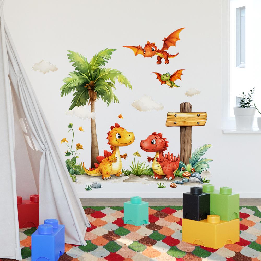 2 Pcs Cartoon Small Dinosaur Children's Bedroom Kindergarten Background Wall Beautification Decoration Wall Stickers