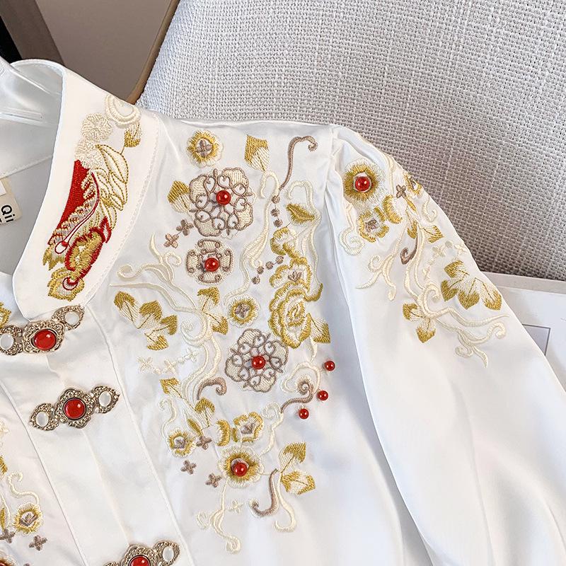 Authentic New Chinese Style Stand Collar Embroidered Shirt with Frog Buttons & Horse Face Skirt - Long Sleeve National Style Top