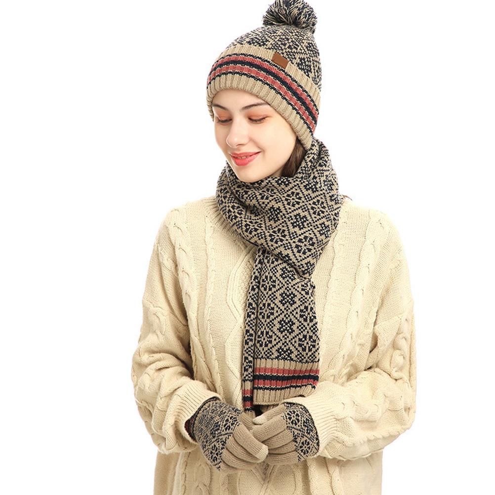 Winter Knitted Hat Scarf Gloves Set Windproof Acrylic Fleece Lined Warm Beanie  with Pompom Touch Screen Gloves for