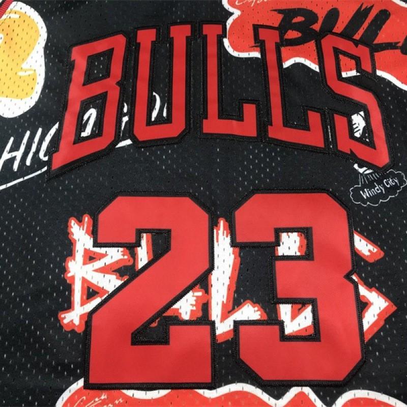Chicago Bulls 23 Graffiti Embroidery Retro Mesh Basketball Jersey Black Unisex Adult Sportswear