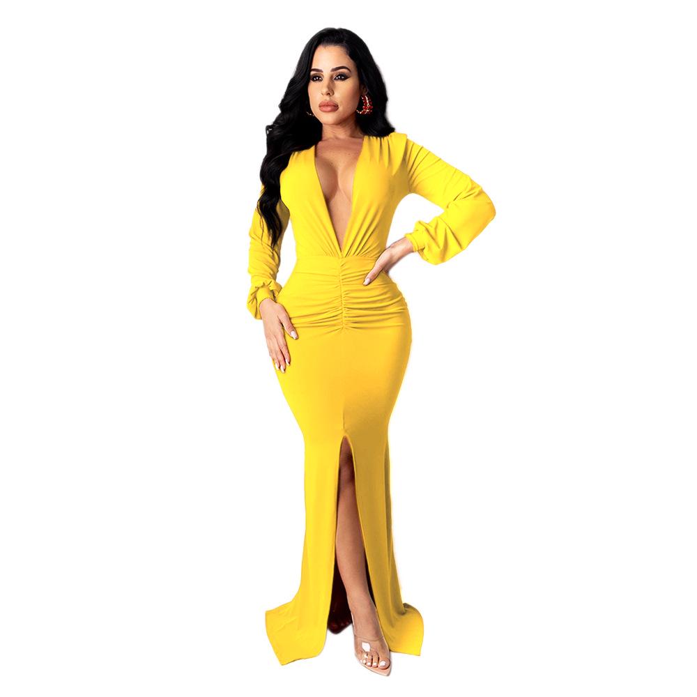 Solid Color V-Neck Slim Sexy Women's Evening Gown
