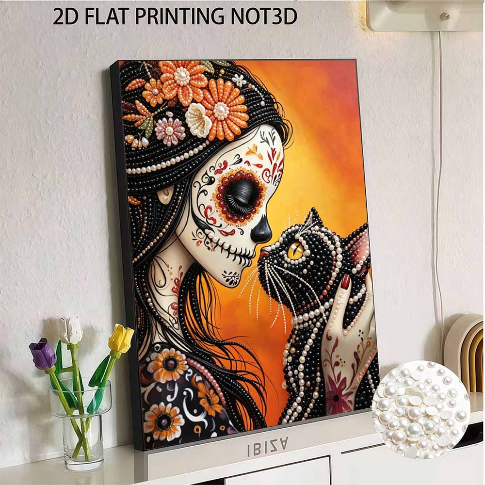 DIY Frameless Pearl Art Kit Sugar Skull Cat Design 3D Bead Painting Canvas Relaxing Handmade Craft for Home Decor Wall Art Gift