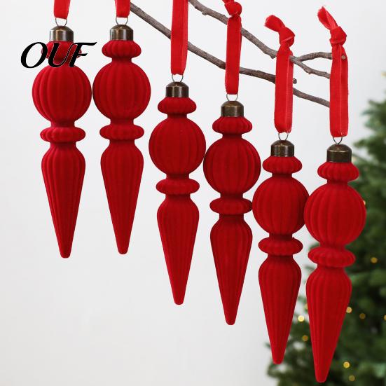 Burgundy Red Dark Green Brown Ornaments 6Pcs Christmas Flocked Pendant with Lanyard, Creative Tree Hanging, Non Shedding Retro Icicle Shape