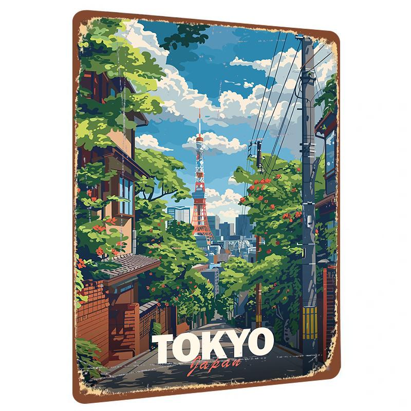 

Tokyo Cityscape Metal Wall Art Vintage Hand Painted Home Decor Japan Travel Souvenir Mural Painting 20x30cm（7.8x11.8inch）