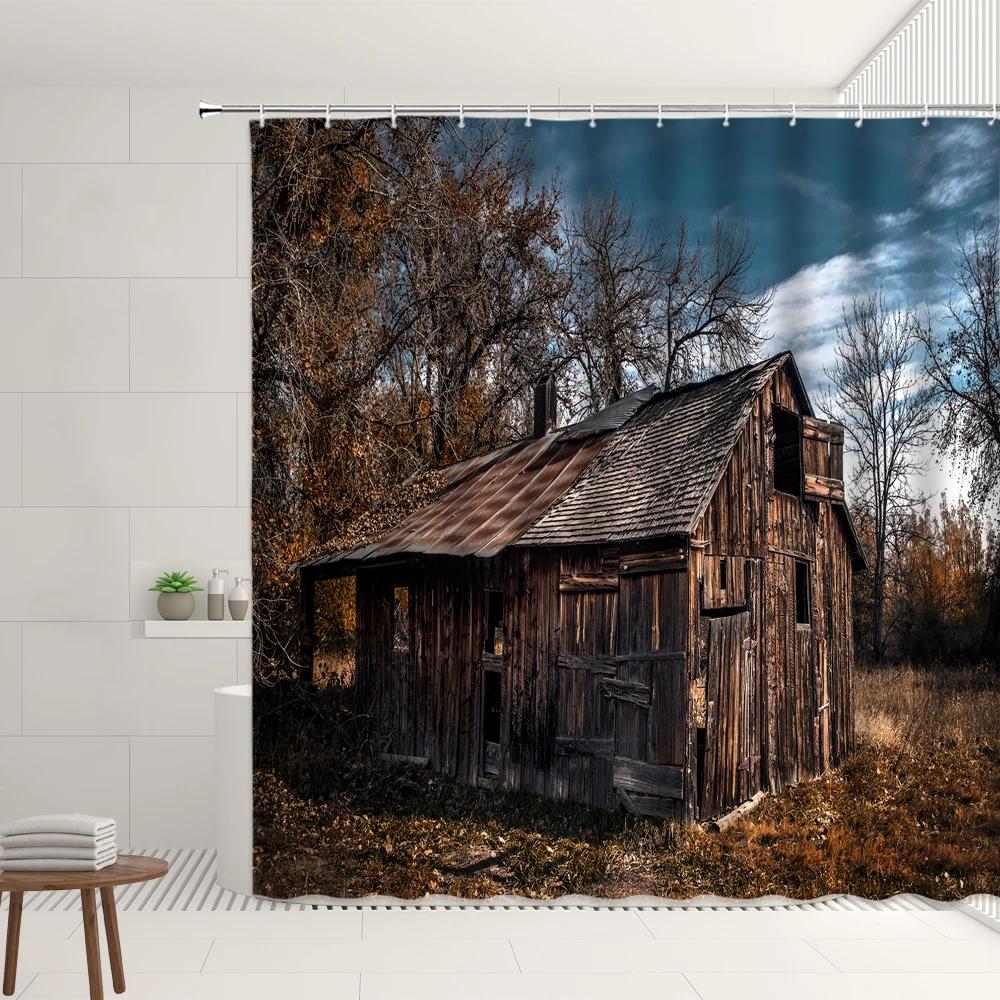 Farm Scenery Shower Curtain Old Retro Farmhouse Green Bamboo Forest Tree Autumn View Garden Decor Wall Covering Bathroom Screens