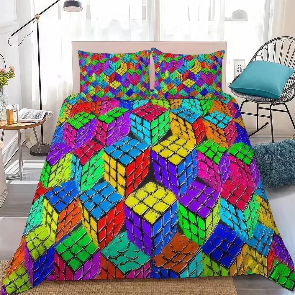 Housse de couette carrée colorée R-Rubiks CubeS Ensemble de literie Housse de couette taie d'oreiller enfant adulte Taille King Queen 155X220CM-3PCS