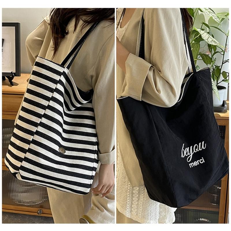Fashion Striped Double-Sided Use Canvas Women's Shoulder Bags Casual High Capacity Ladies Handbags Summer New Beach Travel Slack Lazy Large Tote Bag