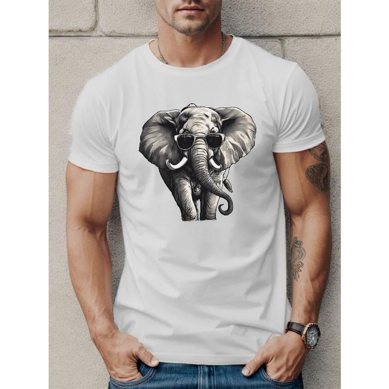 European Size Men's Casual Short Sleeve T-Shirt with Unique Elephant Print - Breathable Polyester, Round Neck, Machine Washable - Perfect for Summer