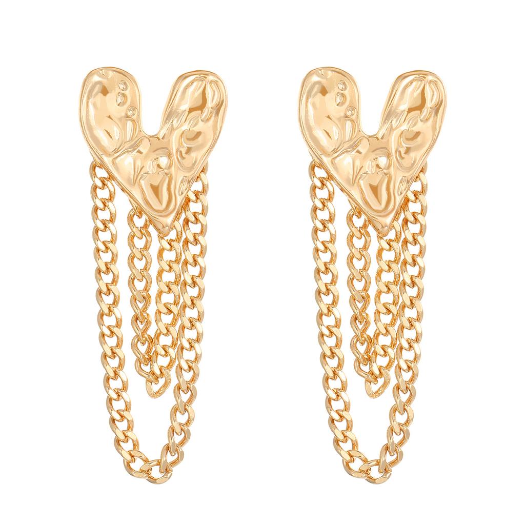 High Quality Temperament Heart Stud Earrings Women's Personality Alloy Hammer Pattern Love Fringed Chain Earrings Retro Earrings Wholesale