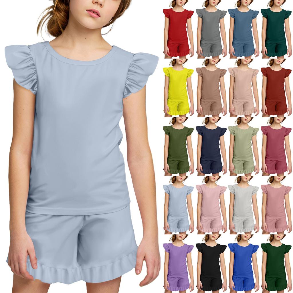 Summer Girls Cute Suit Flying Sleeves T-shirt Top + Ruffled Shorts Daily Outdoor Wear Cute Casual Fashion 2-Piece Set