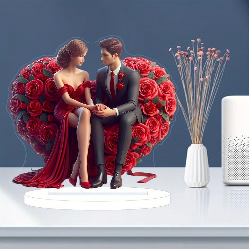Modern Acrylic Love & Happiness Couple Statue - Romantic Heart-Shaped Rose Design - 2D Flat Acrylic Desktop Ornament