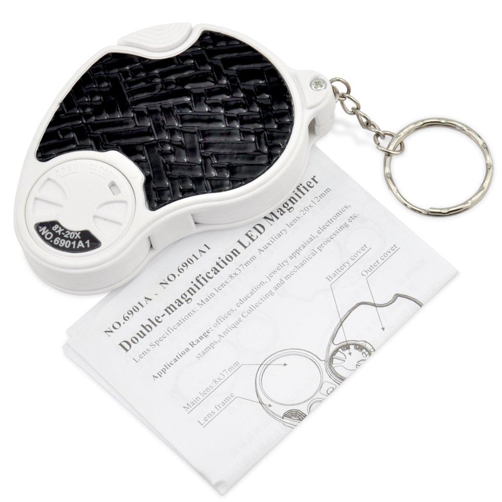 8X 20X Faltbare Taschenlupe Vergrößerungsglas mit LED-Licht Schlüsselanhänger Handheld Schmuck Münzen Lupe für Senioren