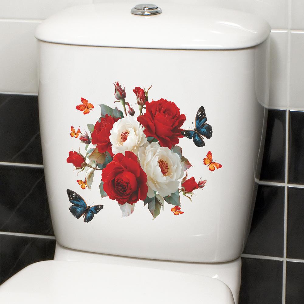 Hand Painted Red and White Roses with Flying Butterflies Toilet Seat Sticker Bathroom Decor Self-Adhesive Removable Decal