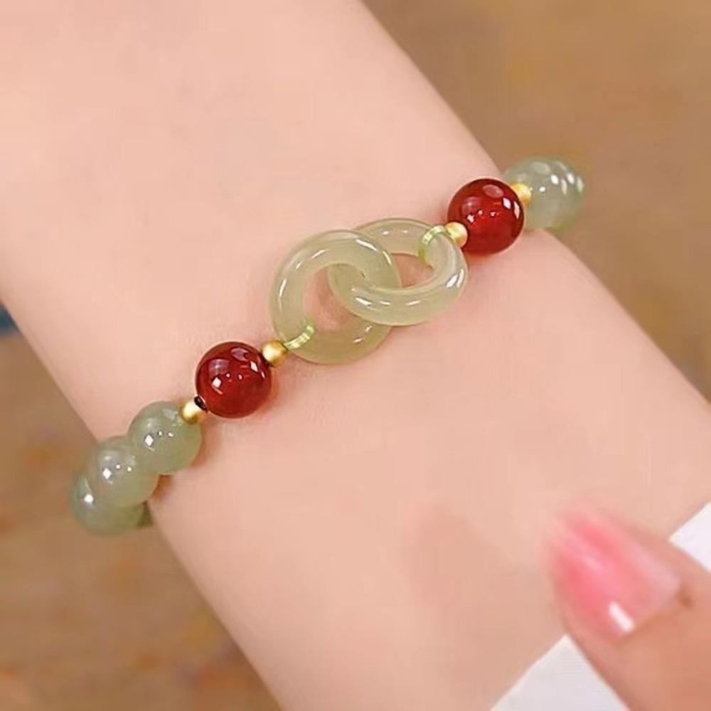 Double Ring Design Interlocking Bracelet Imitation Jade Bangle Jewelry  Women Accessories