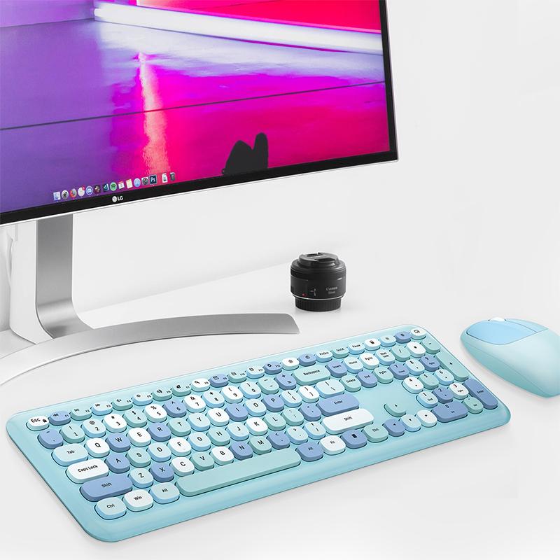 Mofii Trådløs mus og tastatursett Runde tastaturhetter Farget tastatur Kvinner Kontor Trådløst tastatur Full størrelse Skrivemaskintastatur