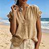 Women Shirt, V Neck Ruffled Stitching Short Sleeve Tops, Pure Color Loose Fit Pullover Tops for Casual Daily Wear