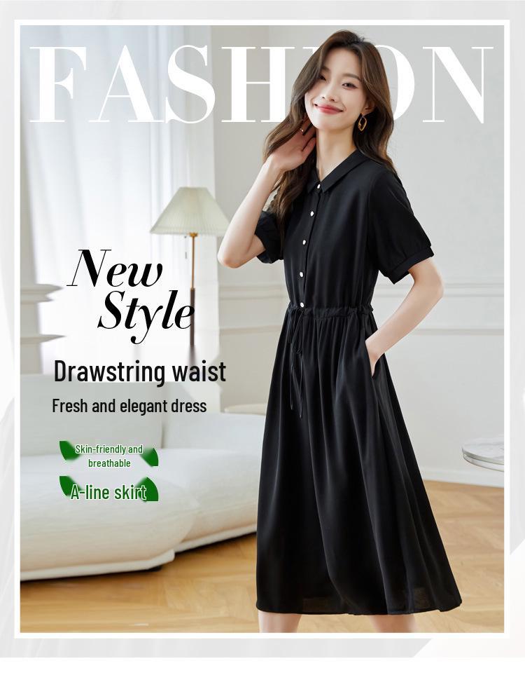 Hepburn-Style Black Chiffon Shirt Dress - Slimming Waist, Elegant Long Skirt for Women