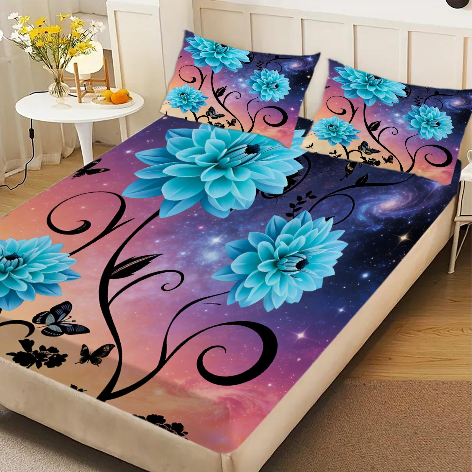 

Floral Bedding Set Fitted Sheet Set Blue Purple Pink Galaxy Flowers And Butterflies Print With Pillowcases For Bedroom Decor 150x200x25cm