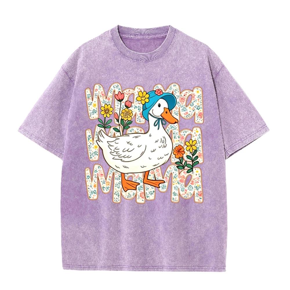 2026 Vintage Washed Black Tshirt Cute Mama Duck Floral Graphic Tee Retro Mothers Day Casual Oversized Streetwear For Women