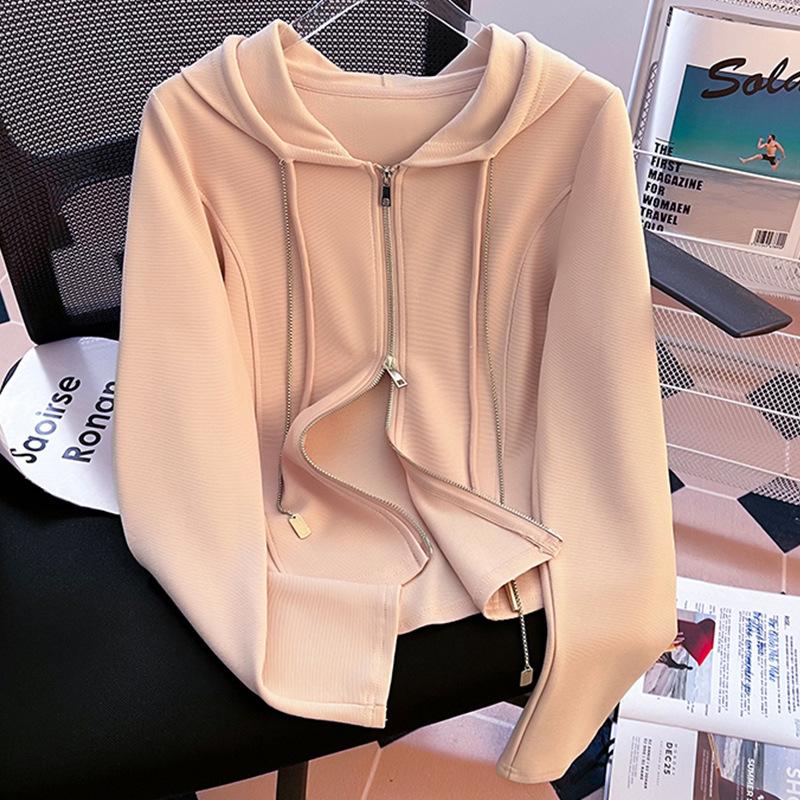 Gray Hooded Sweatshirt for Women Updated Autumn and Winter Thin Versatile Jacket Double Zipper Slim Fit Slim Pullover Top