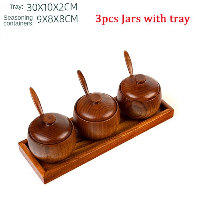 Wooden Salt Cellar Sugar Bowl Pepper Box Salt Seasoning Container Storage Box with Lid and Spoon Wooden Spice Box spice jars