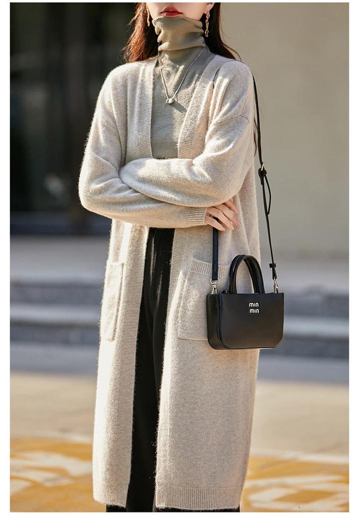 2025 Autumn/Winter Korean-Style Knee-Length Knit Cardigan - No Button, Double Pocket, Loose Fit, Solid Color