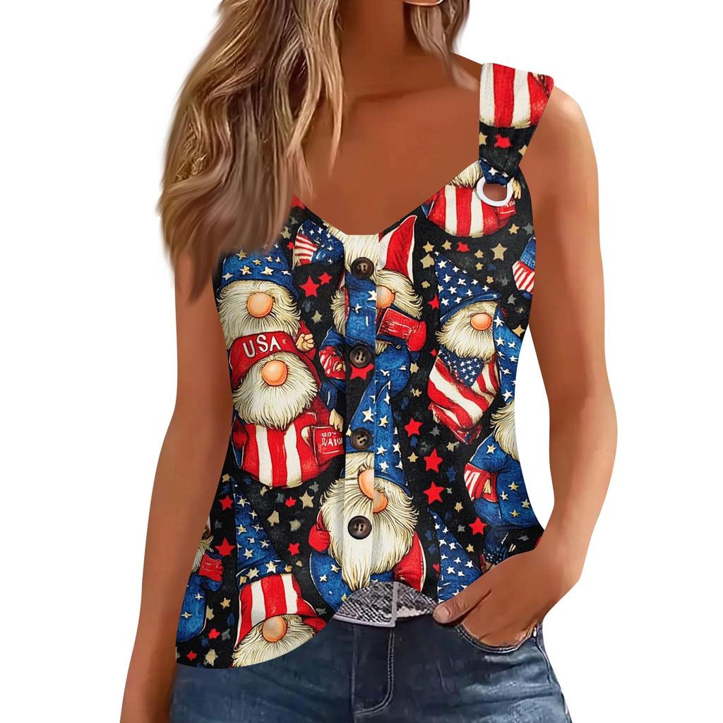 Women's Fashion Casual Loose Sleeveless Buttoned V-Neck Independence Day Printed T-Shirt Top