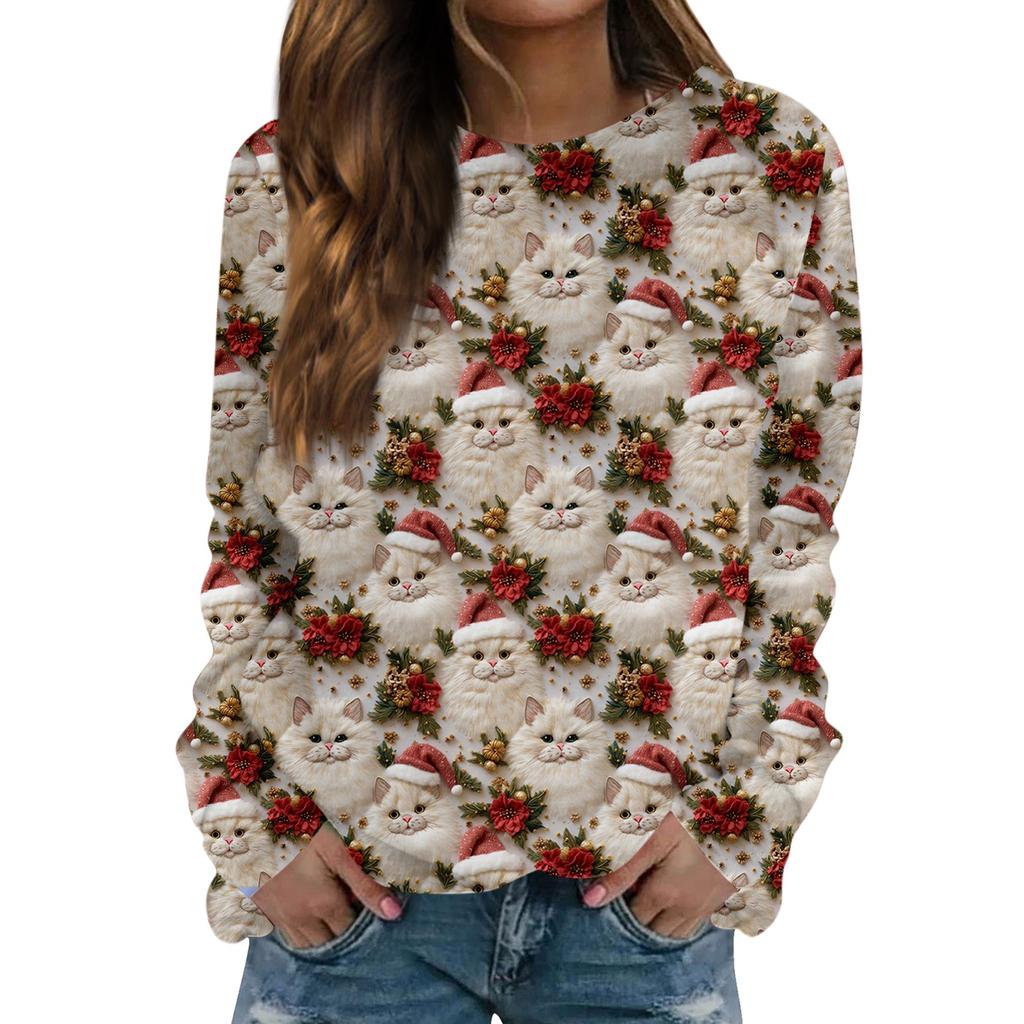 Dámské módní ležérní tričko s dlouhým rukávem s retro vánočním potiskem sněhuláka a kulatým výstřihem