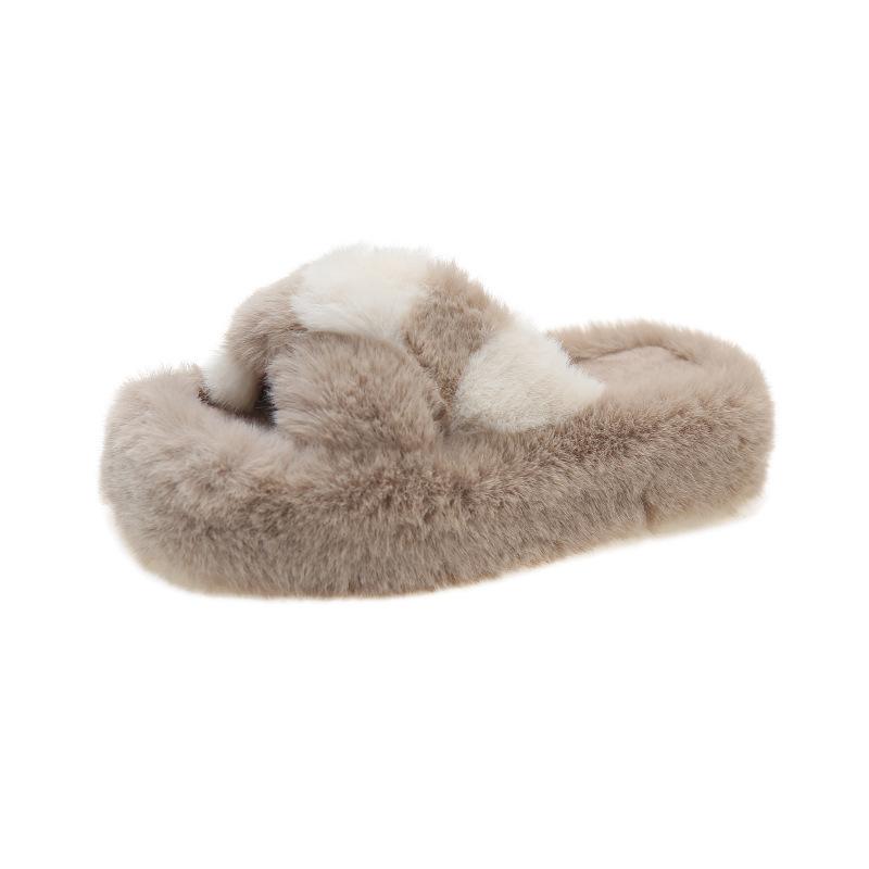 

2025 autumn and winter new color matching cross Mao Mao slippers women s home indoor and outdoor warmth one-word thick-soled Mao Mao women s shoes 42