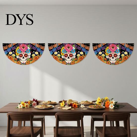 Colorful Cemetery Memorial Flag Day of The Dead Skull Bunting Banner, Marigold Print Fiesta Yard Sign Hanging Flag, Sugar Outdoor Party Decor