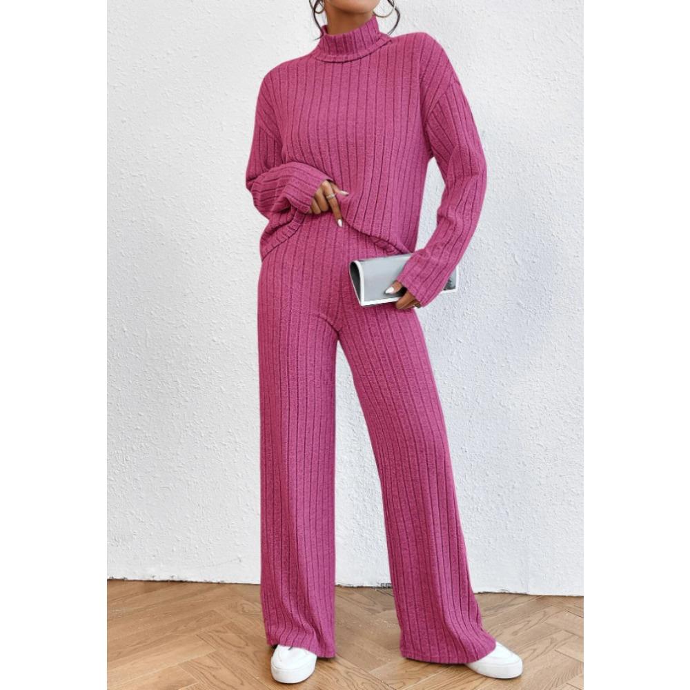 Completo casual da donna in 2 pezzi, felpa a collo alto in maglia a maniche lunghe e set di pantaloni larghi per autunno inverno