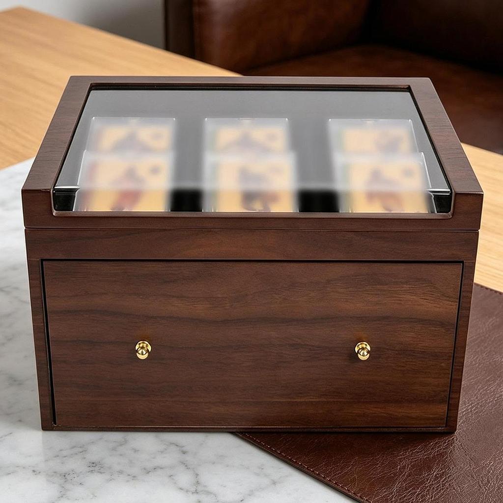 And Practical Wooden Storage Box for Collectible Cards, with Drawer, Case Sports Cards.