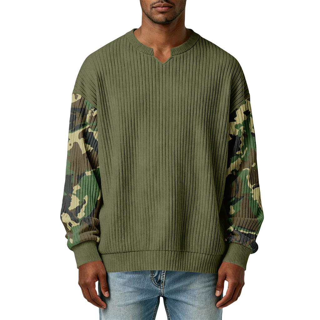 Men's Camouflage Stylish V-Neck Ribbed Textured Long-Sleeve T-Shirt
