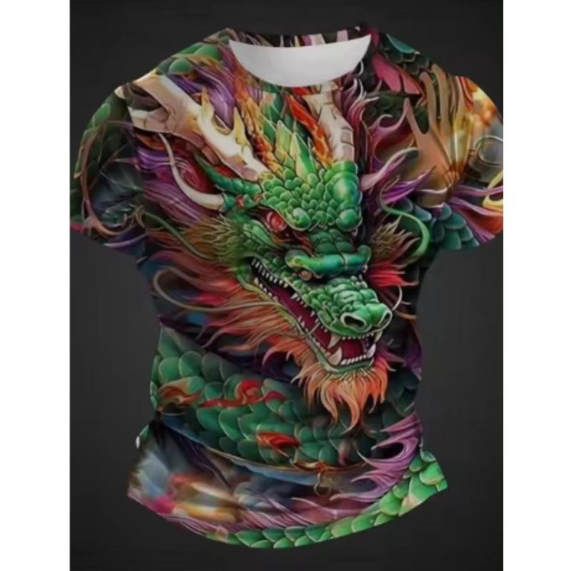 Summer Round Neck 3D Dragon Print Top Fashionable Casual Short Sleeved Men's T-shirts