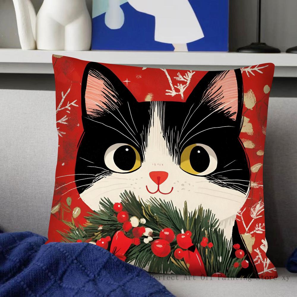 Weihnachts Katze Kissenbezug Mode Quadratischer Kissenbezug Schlafzimmer Sofa Zimmer Innendekoration Freizeit Kissenbezug 40x40