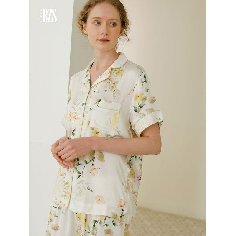 2024 Summer Original Niche Style Satin Lapel Rose Short Sleeve Pants Pastoral Style Fresh Pajamas for Women