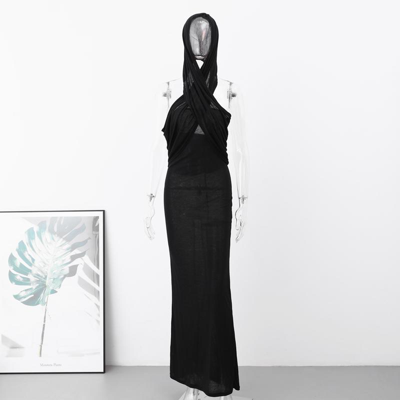 

Прозрачное платье с капюшоном Сексуальные узкие длинные платья с открытой спиной Женские 2023 Элегантное платье-футляр Maxi Vestido с круглым вырезом и высокой талией Slim Fit Цельное платье S чёрный