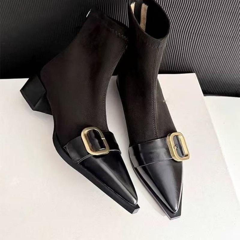 Obuv Černá Krátké Boty pro Ženy Elegantní s Nízkými Podpatky Kotníkové Boty Práce Dámské Kotníkové Boty Špičaté Špičky Designerské Luxusní Podzim