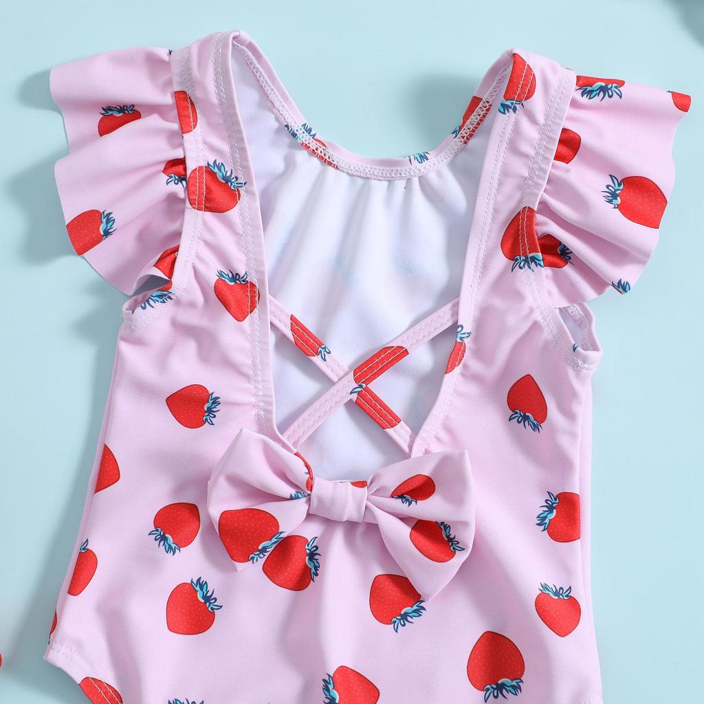 Strawberry Print Backless Bowknot Girls One-Piece Swimsuit