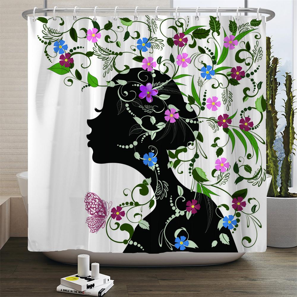 Butterfly Flower Girl Bathroom Curtain Polyester Waterproof Fabric Shower Curtain Valentine's Day Heart Pattern Bathtub Screen