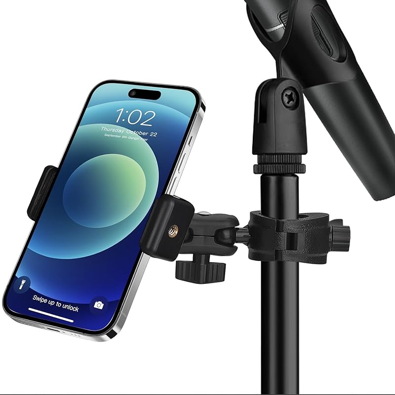 Phone Holder for Microphone Stand, Adjustable Mic Music Stand Phone Holder for Mobile Phones, Rotatabe Phone Mic Stand Mount Compatible with for All Mic Phone Holder