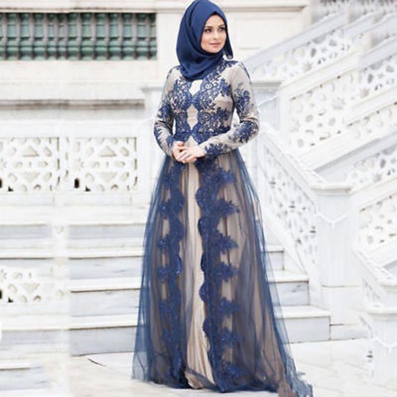 chinese dress ladies A Line Muslim High Neck Lace Long Sleeves Vintage Wedding Dress QW0934 Custom Size / Ivory main image 1