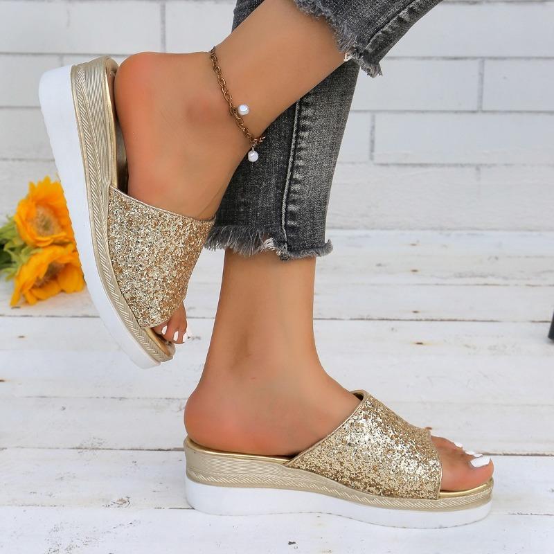 Fashion 2024 New Women Slippers Summer Light Weight Leather Shoes Women Platform Open Toe Crystal Slippers Women Gold Silver Mujer
