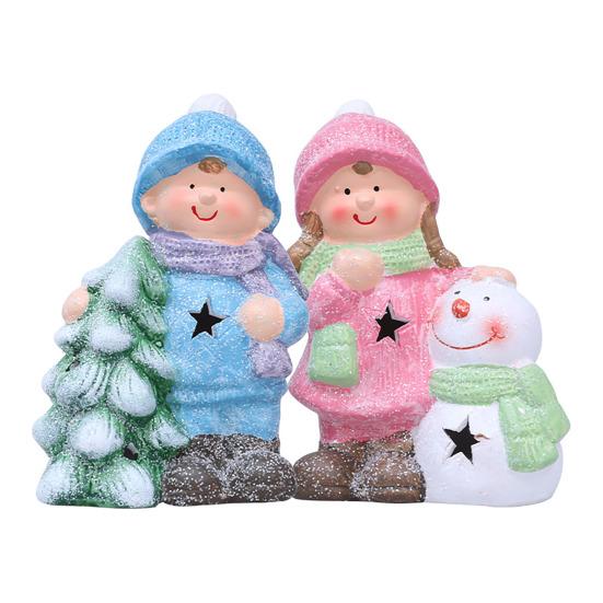 Lighted Ceramic Christmas Figurine Cute Light Up Boy Girl Tree Snowman Statue for Holiday Winter Indoor Mantel Tabletop Fireplace Decor