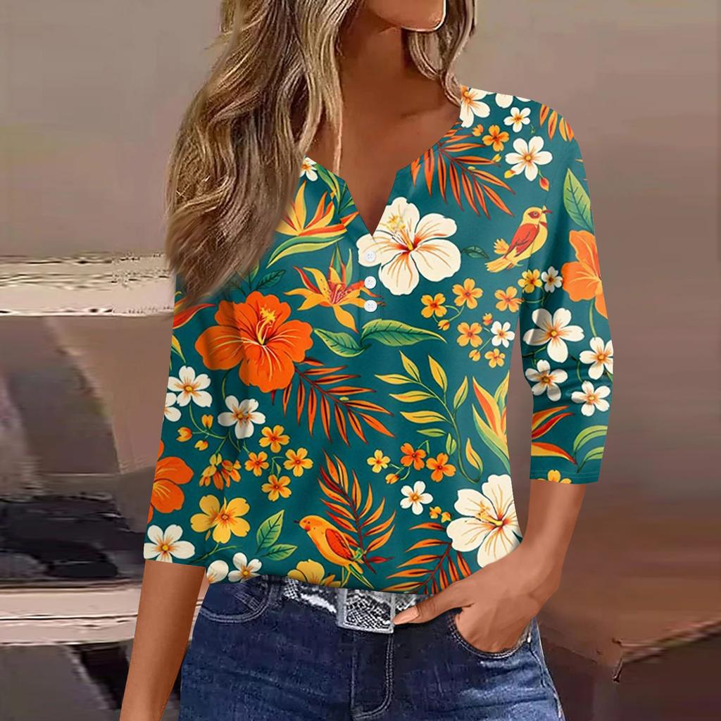 Women's T Shirt Tee Printed Button Short Sleeve Tunic Daily Weekend Fashion Basic V- Neck Regular Top