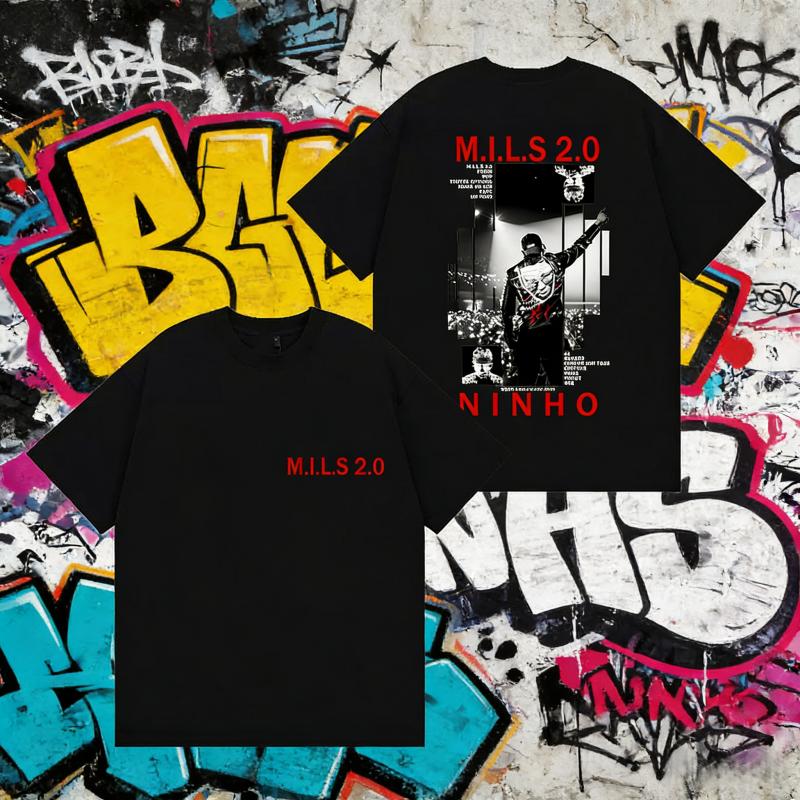 2025 Lato Raper NINHO M.I.L.S 2.0 Merch z Albumu Koszulka Męska Gotycki Hip Hop Rekreacyjny Styl Retro Bawełniana Koszulka z Krótkim Rękawem