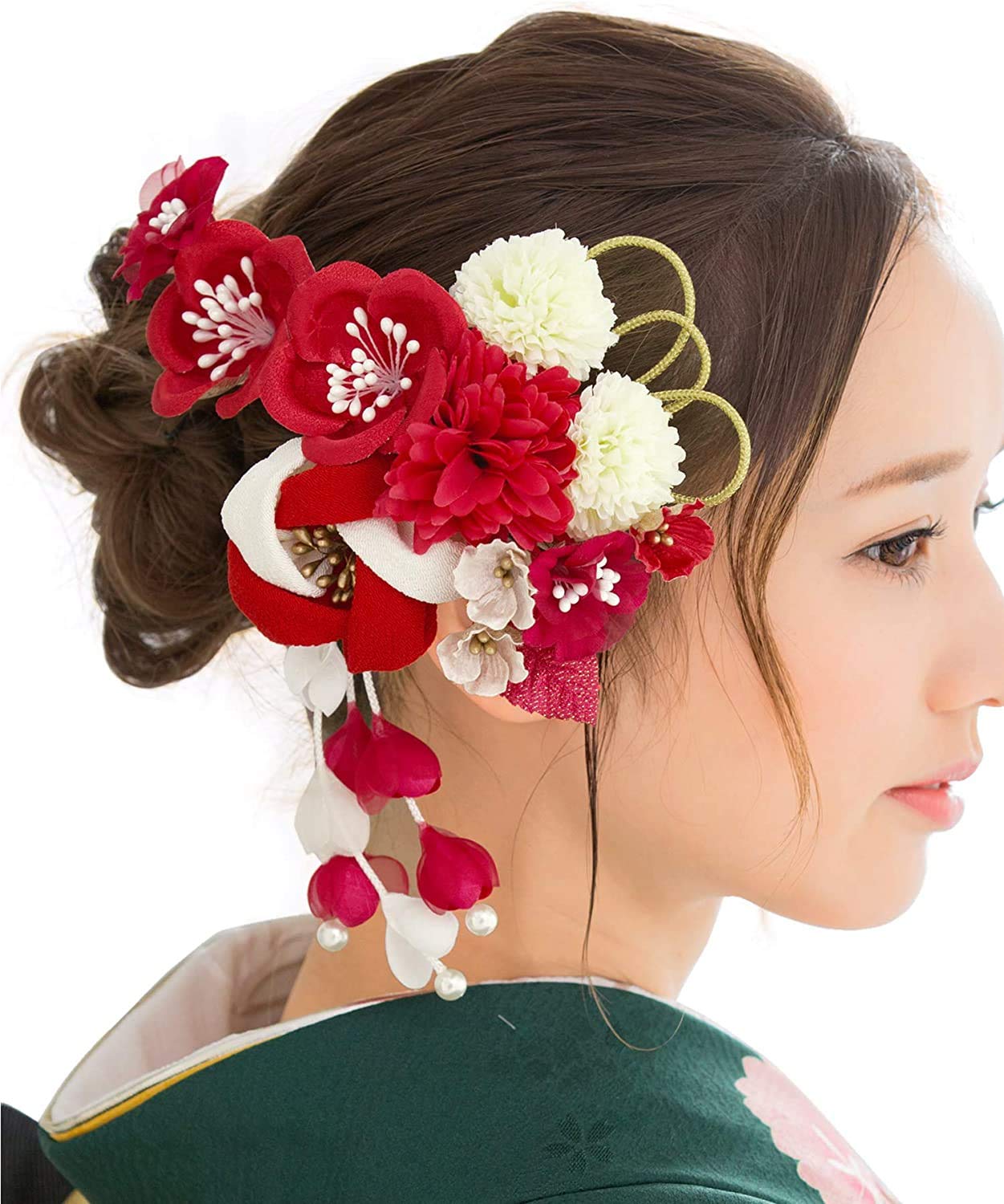 

[SOUBIEN] (Soubien) Hair Ornament Set (2 pieces) for Coming-of-Age Ceremony and Graduation Ceremony: Red and White Camellia, Ping Pong Chrysanthemum
